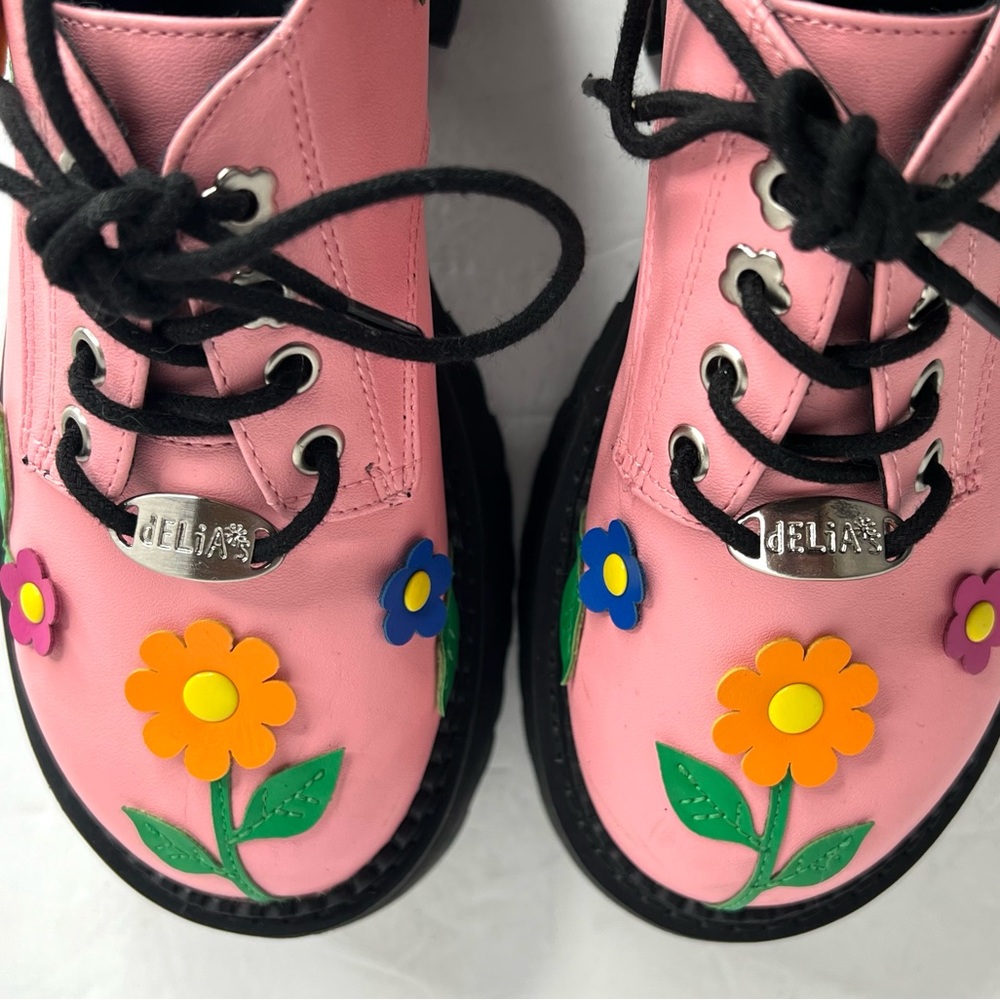 Delia’s Platform Shoes Pink Floral Flower Chunky Lace Up Size 5 Faux Leather - Picture 8 of 15